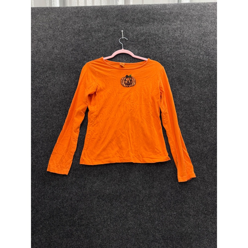 Halloween Orange Sequin Pumpkin Long Sleeve Shirt Girls XL 14/16 Fall Festive